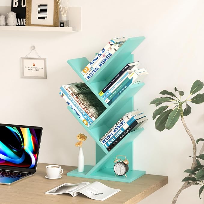 SHEEPAM 5 Tier Tree Book Shelf, Small Desktop Bookshelf with Storage Organizer, Wood Bookcase, Desk Display Bookshelves, Floor Standing Organizer Bookcases for Living Room,Bedroom,Office-Green