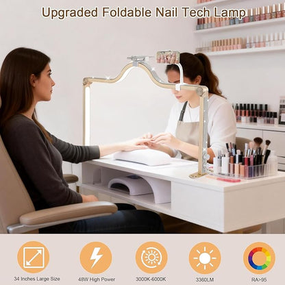 Upgraded Nail Tech Lamp with Dual Phone Holder, 34 in Foldable Large Nail Light for Desk, 3 Modes 3000K-6000K LED Manicure Lamp, Half Moon Light for Lash Eyelash Extension, Tattoo, Eyebrows
