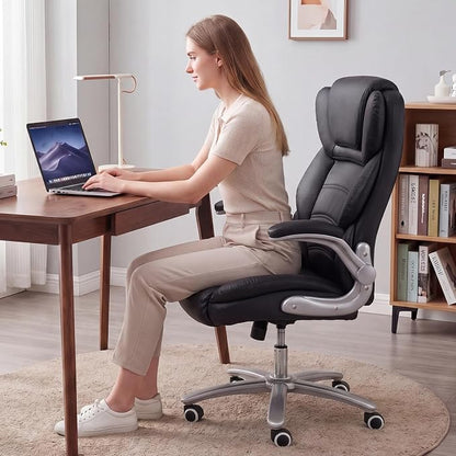 GYI Big and Tall 400lb Office Chair, Leather Executive Desk Chair, Black | 24"Wide Seat, High Back, Space-Saving Flip-up Arms, Lumbar Support, Heavy Duty Base, Home, Conference Room