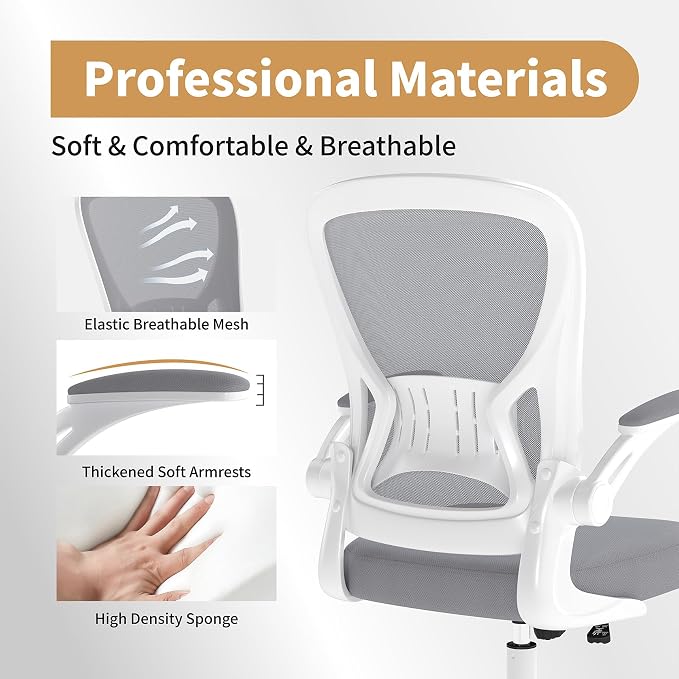 Youhauchair Office Chair, Ergonomic Home Office Desk Chairs with Flip-up Arms and Lumbar Support, Height Adjustable, Grey