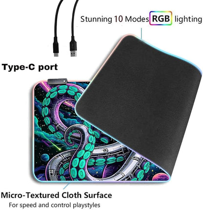 Cyberpunk Mechanical Octopus RGB Gaming Mouse Pad – 31.5"x11.8" XL LED Desk Mat with Neon Space Kraken Design, Upgraded Type-C Powered for PC & Laptop Setup