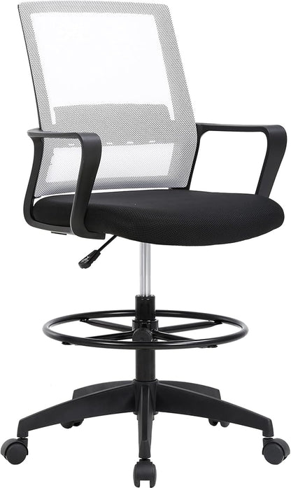 BestOffice Drafting Chair Tall Office Chair Adjustable Swivel Rolling Mesh Height with Lumbar Support Arms Footrest Mid Back for Adults Standing Desk Drafting Stool (Beige)
