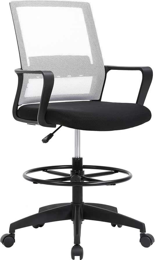 BestOffice Drafting Chair Tall Office Chair Adjustable Swivel Rolling Mesh Height with Lumbar Support Arms Footrest Mid Back for Adults Standing Desk Drafting Stool (Beige)