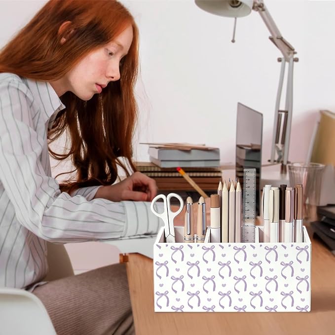 Purple Bow Pen Pencil Holder for Office Desk Accessories Decor | Coquette Office Accessories for Women, Cute Bow Pen Pencil Wooden Organizer Decorations for Dorm Room Bedroom Tabletop Desk