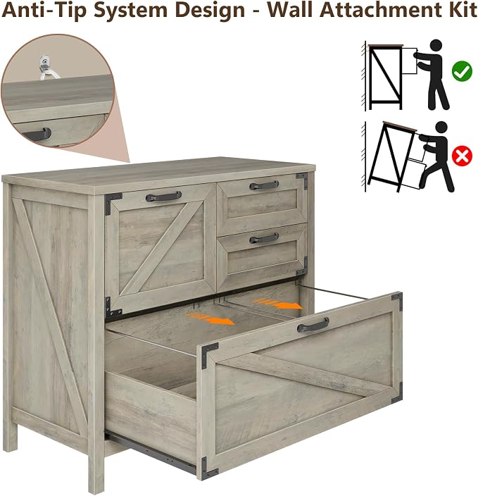 Halitaa Lateral File Cabinet with 4 Drawers, Farmhouse File Cabinet for Letter/Legal/A4 Size Hanging Files, Large Wood File Storage Cabinets Printer Stand for Home Office Cabinets, Rustic Grey