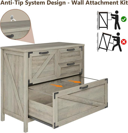 Halitaa Lateral File Cabinet with 4 Drawers, Farmhouse File Cabinet for Letter/Legal/A4 Size Hanging Files, Large Wood File Storage Cabinets Printer Stand for Home Office Cabinets, Rustic Grey
