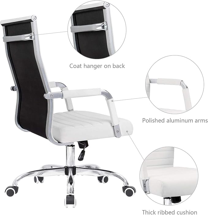 KaiMeng Ribbed Office Desk Mid Back Computer Chair Height Adjustable Conference Executive Task Swivel PU Leather (White)
