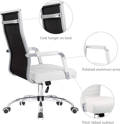 KaiMeng Ribbed Office Desk Mid Back Computer Chair Height Adjustable Conference Executive Task Swivel PU Leather (White)