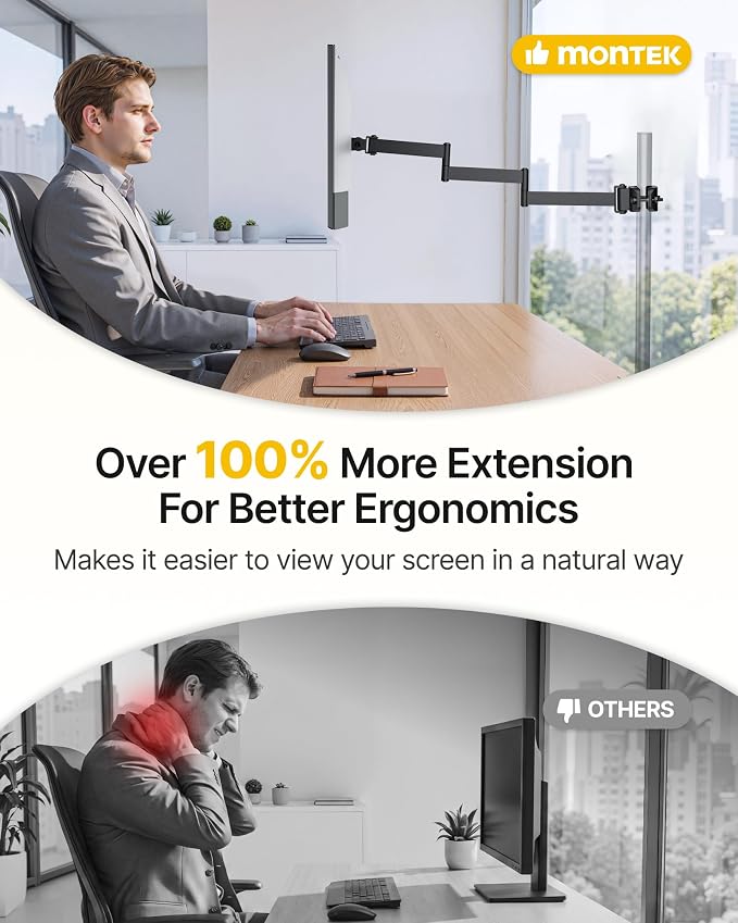 monTEK Universal Pole Monitor Arm 25 Inch Extra Long Reach - Single Desk Mount for 17-32 inch Screens, Steel Full Motion Mount, VESA 75/100mm, 636mm Extension