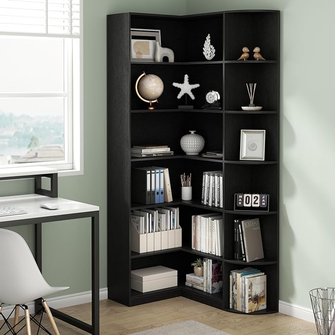 Loomie Black Book Shelf, 6 Tiers Shelf Large Tall Corner Etagere Bookcase with Full Baffle, L-Shaped Modern Storage Display Industrial Bookshelves for Bedroom, Home Office, Living Room & Kitchen,Black