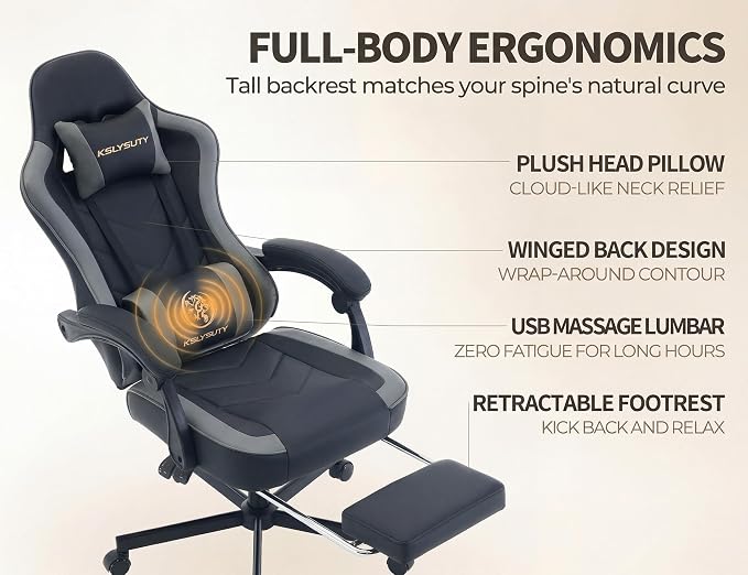 Office Desk Computer Gaming Chair for Adults, Ergonomic High Back Gamer Chair with Massage and Pocket Spring Cushion, Swivel Comfy Video Game Chairs with Footrest and Lumbar Support (Black Grey)
