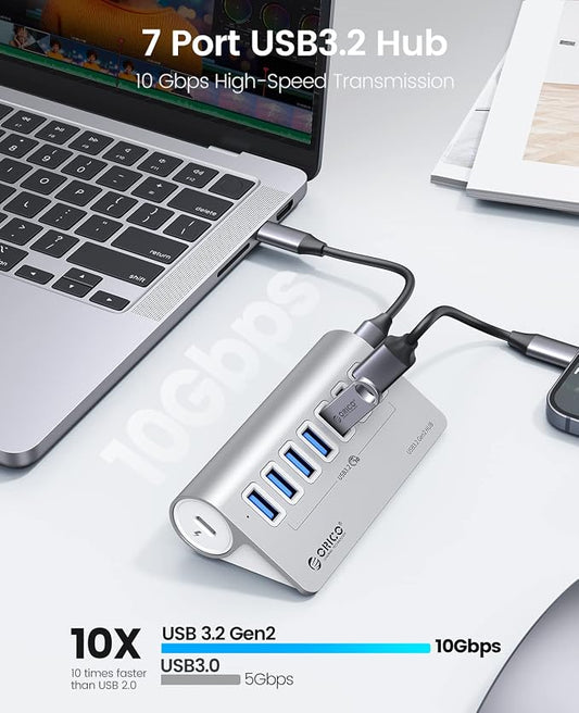 ORICO 7-Port USB 3.2 Gen2 Hub, Desktop USB 3.2 Hub with 7 USB-A Ports, 5V 3A Power Supply Port, 10Gbps Aluminium USB-Splitter with 1.64Ft USB-C to USB-A/C Cable for iMac, MacBooks, Mac mini