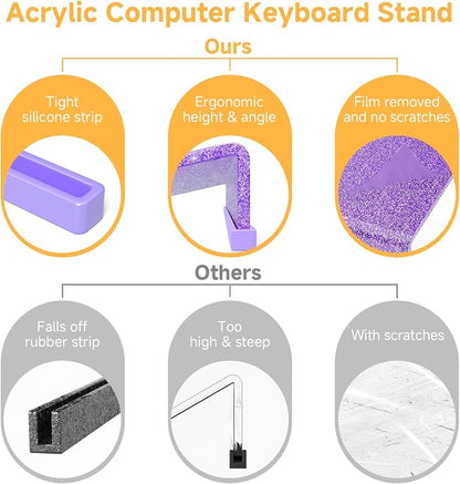 Ergonomic Computer Keyboard Stand - 17 Inch Glitter Purple Acrylic Keyboard Riser for Desk Tilted Keyboard Holder Tray with Non-Slip Strip for Home Office Easy Typing & Working