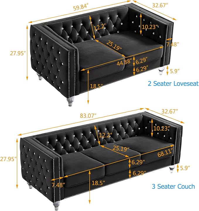 mikibama Velvet Loveseat with Buttons and Square Arms 59 Inch Tufted Sofa with Trimmed Nailhead and Metal Legs Loveseat Couch for Living Room, Bedroom (Black-Crystal Legs, Loveseat + Sofa)