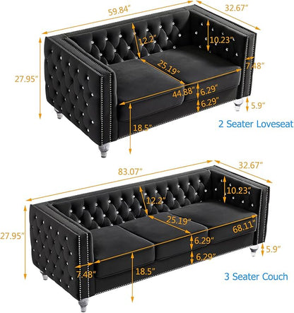 mikibama Velvet Loveseat with Buttons and Square Arms 59 Inch Tufted Sofa with Trimmed Nailhead and Metal Legs Loveseat Couch for Living Room, Bedroom (Black-Crystal Legs, Loveseat + Sofa)