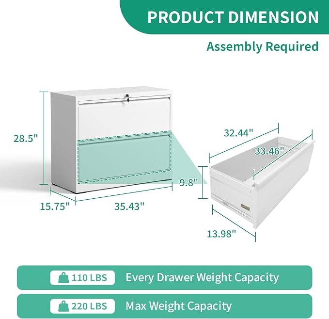 IKIMI 2 Drawer Lateral File Cabinets Office Metal Filing Cabinet Steel Storage Cabinet with Lock Wide Horizontal Filing Cabinets for Hanging Files Legal/Letter/A4 Size Assembly Required