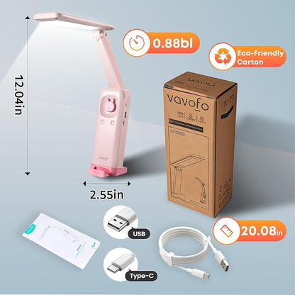 VAVOFO Cute Bunny Desk Lamp, Foldable LED Rechargeable Table Light, Eye-Caring Reading Lamp, 3 Color Modes & Dimmable, for Kids Girls Bedroom Study Dorm Room(Pink)