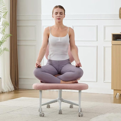 Cross Legged Office Chair, 360° Swivel Yoga Meditation Chair, Ergonomic Height Adjustable ADHD Criss Cross Office Chair with Wheels, Lumbar Support for Home Office, Pink