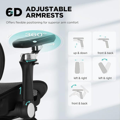Ergonomic Office Chair with 3-Zone Dynamic Lumbar Support, Big and Tall Office Chair with Footrest, Adjustable Seat Depth,4D Headrest,6D Armrests, Swivel Executive Chair for Home Office,Black