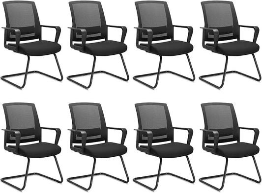 CLATINA Waiting Room Chairs with Armrests and Adjustable Lumbar Support, Breathable Mesh Back Desk Chair No Wheels, Office Guest Chairs & Reception Chair for Conference Room, Black, 8PK