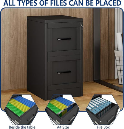 Ckzbx 2 Drawer File Cabinet with Lock, Narrow Vertical Filing Cabinet, Under Desk File Cabinets,Black Metal File Cabinets for Home Office,Fit Letter/A4/Legal Size File