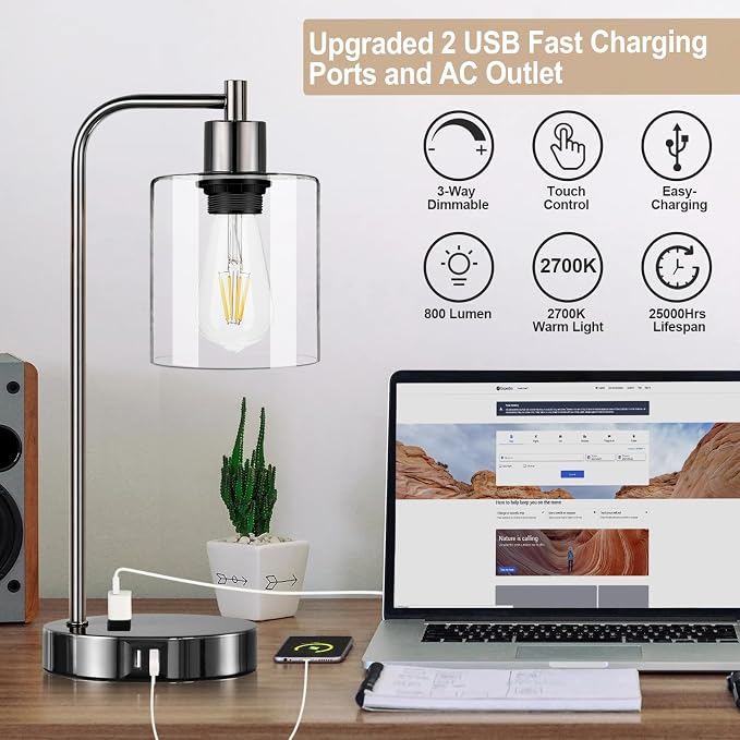 Industrial Touch Control Table Lamps Set of 2 - Black Nickel Bedside Lamps with 2 USB Ports & AC Outlet, 3-Way Dimmable Nightstand Desk Lamp for Bedroom Living Room, Glass Shade & 2 LED Bulbs Included