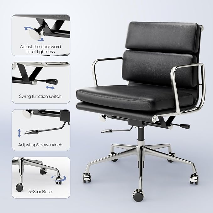 Genuine Leather Office Chair, Padded Mid Back Ergonomic Executive Desk Chair with Aluminum Arm Rest and Base, Swivel Wheels with Lumbar Support & Tilting Function, Hight Adjustable, Black