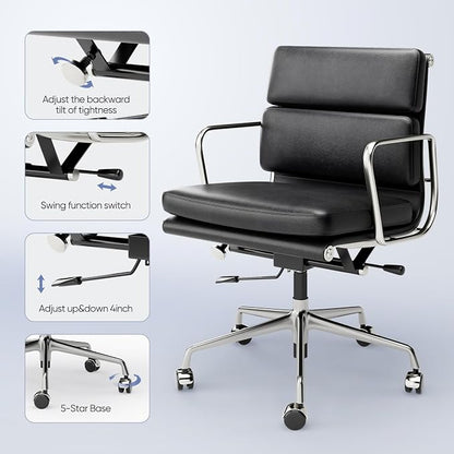 Genuine Leather Office Chair, Padded Mid Back Ergonomic Executive Desk Chair with Aluminum Arm Rest and Base, Swivel Wheels with Lumbar Support & Tilting Function, Hight Adjustable, Black