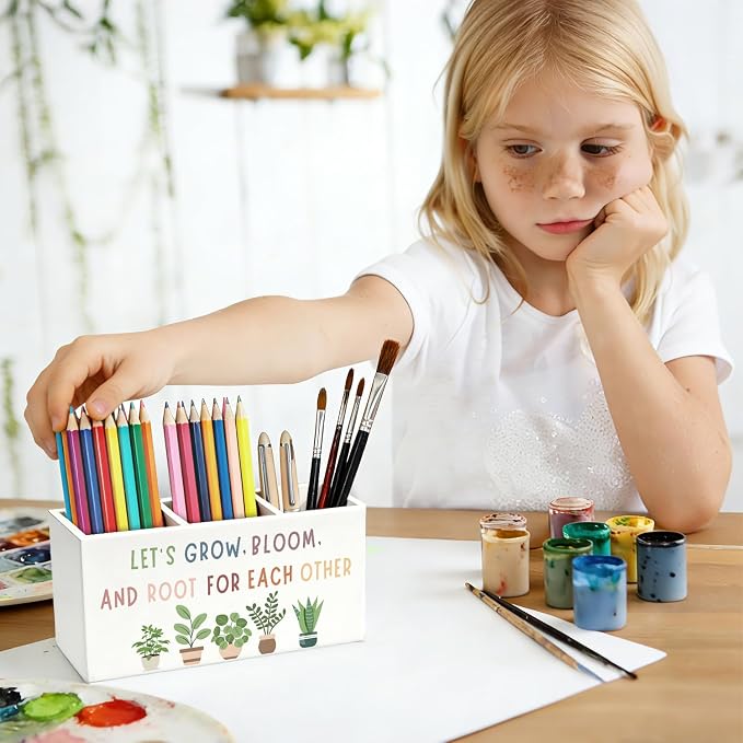Boho Mental Health Classroom Pen Pencil Holder for Desk, Let's Grow Bloom and Root for Each Other Motivational Wooden Box Sign Decorations for Therapy Counselor Office Desk Tabletop