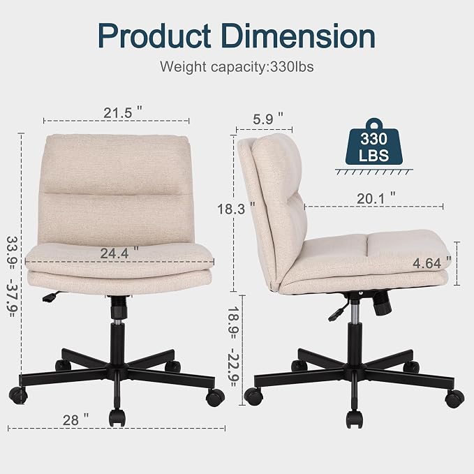Okeysen Criss Cross Chair with Wheels, Armless Wide Seat Cross Legged Comfy Office Desk Chair, Height Adjustable Swivel Computer Task Chairs for Home, Office, Vanity, Beige