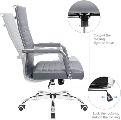 KaiMeng Ribbed Office Desk Mid Back Computer Chair Height Adjustable Conference Executive Task Swivel PU Leather (Grey)