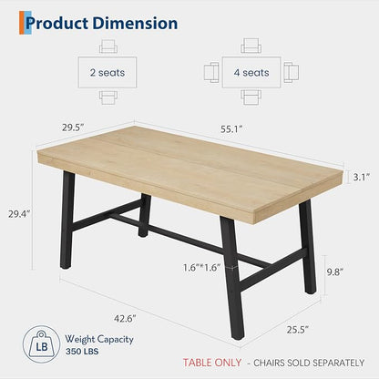 GarveeHome Industrial Dining Table for 2-4, 55" Heavy Duty Rectangular Kitchen Table with 2"×2" Metal Legs, Small Space Dining Table for Kitchen, Dining Room (Natural, 55" Non-extendable)