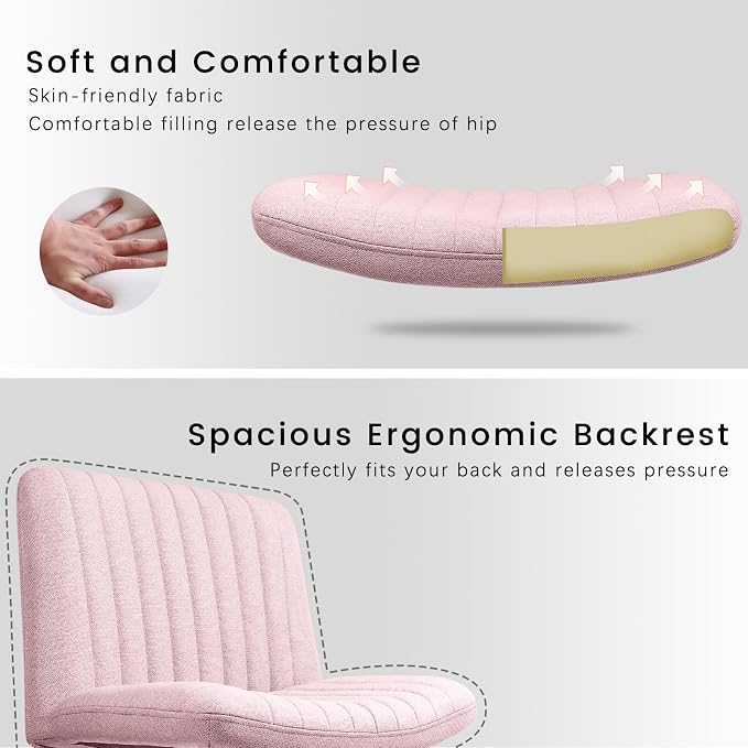 PUKAMI Criss Cross Chair,Comfy Cross Legged Office Desk Chair No Wheels,Modern Fabric Swivel Adjustable Height Mid Back Wide Seat for Home Office Computer (Pink)