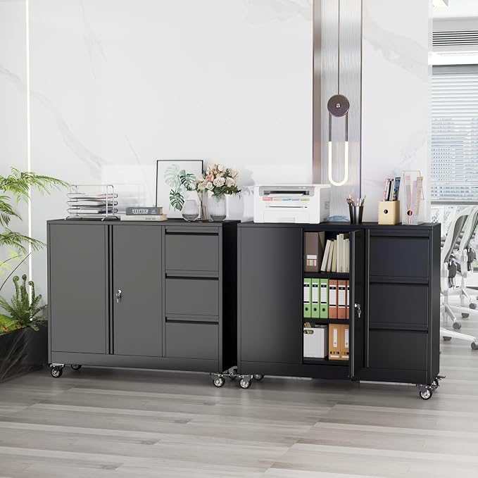 47" Rolling File Storage Locker Cabinet with 3-Drawer，Office Storage Cabinet with Adjustable Shelf & Universal Wheels, Mobile Printer Stand for Home Office, Living Dining Room,Black