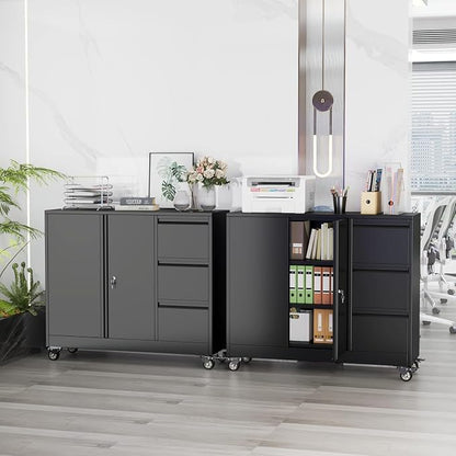 47" Rolling File Storage Locker Cabinet with 3-Drawer，Office Storage Cabinet with Adjustable Shelf & Universal Wheels, Mobile Printer Stand for Home Office, Living Dining Room,Black