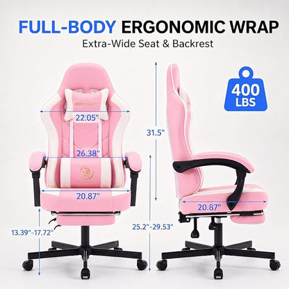Desk Computer Gaming Chair - High Back Ergonomic Office Chair with Footrest and Lumbar Support, Swivel Comfy Home Gamer Video Game Chairs with Pocket Spring Cushion for Adults (Pink Leather)