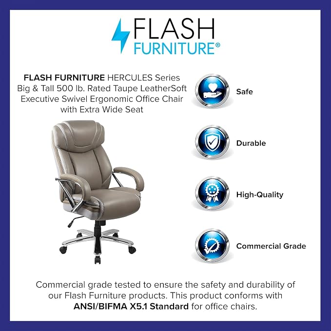 Flash Furniture HERCULES Series Big & Tall 500 lb. Rated Taupe LeatherSoft Executive Swivel Ergonomic Office Chair with Extra Wide Seat