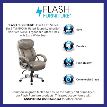 Flash Furniture HERCULES Series Big & Tall 500 lb. Rated Taupe LeatherSoft Executive Swivel Ergonomic Office Chair with Extra Wide Seat