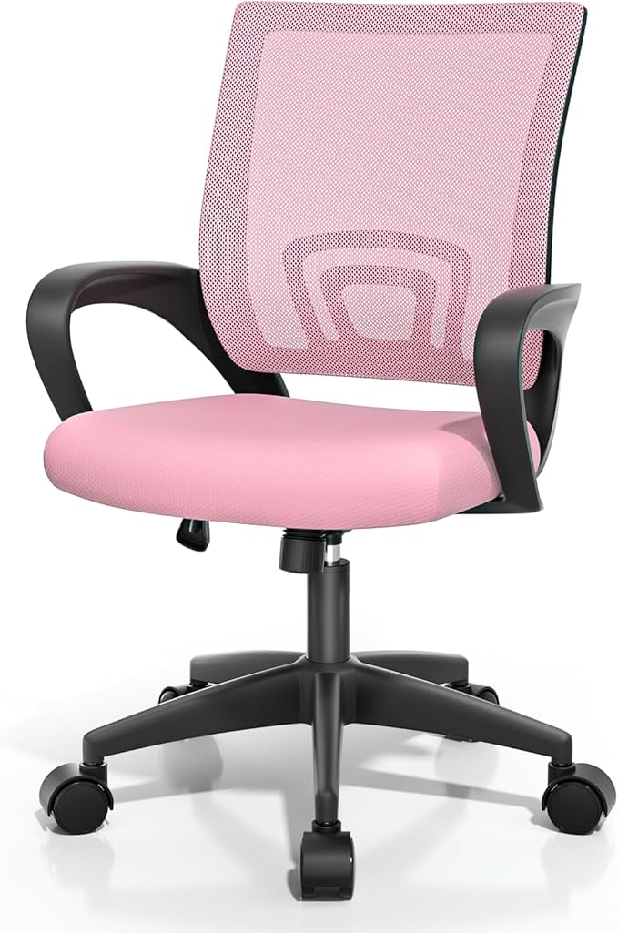 Magshion Ergonomic Office Desk Chair, Mid-Back Mesh Computer Chair, Swivel Chair with Breathable Backrest & Lumbar Support, Adjustable Height for Gaming, Work, Study, 300 Lbs Capacity, Pink