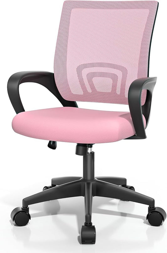 Magshion Ergonomic Office Desk Chair, Mid-Back Mesh Computer Chair, Swivel Chair with Breathable Backrest & Lumbar Support, Adjustable Height for Gaming, Work, Study, 300 Lbs Capacity, Pink