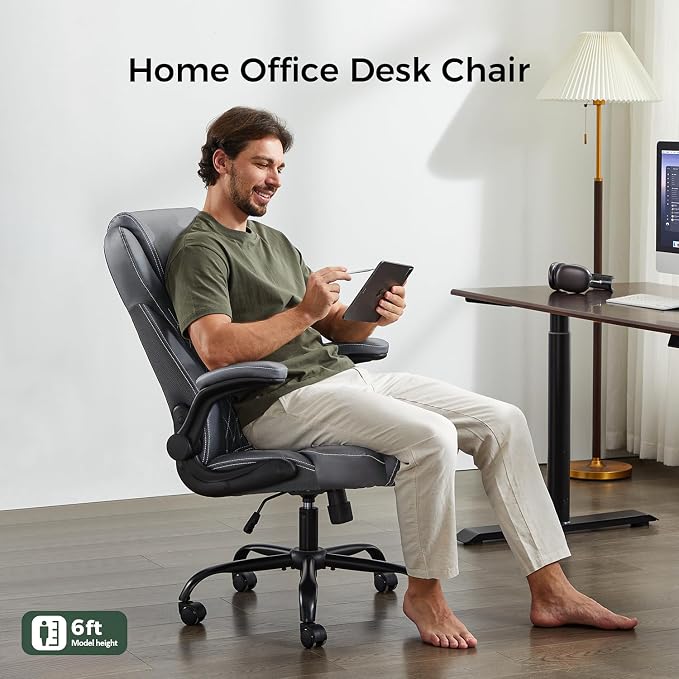 amseatec Office Chair with Flip-Up Arms, Ergonomic PU Leather Executive Desk Chair with 90°Lock & Rocking Function, Lumbar Support Swivel Computer Chair for Home Office, Oversized 300lbs (Gray