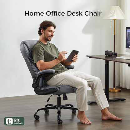 amseatec Office Chair with Flip-Up Arms, Ergonomic PU Leather Executive Desk Chair with 90°Lock & Rocking Function, Lumbar Support Swivel Computer Chair for Home Office, Oversized 300lbs (Gray