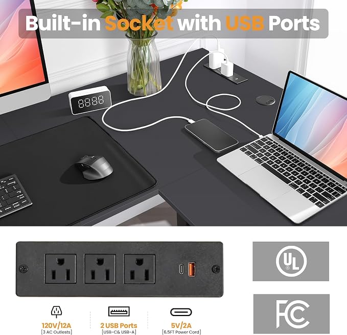 63” L Shaped Standing Desk with Charging Station,Supports Left and Right Swapping,Electric Height Adjustable Corner Stand Up Desk.Free Hook, Lockable Wheels,Mouse Pad,Black