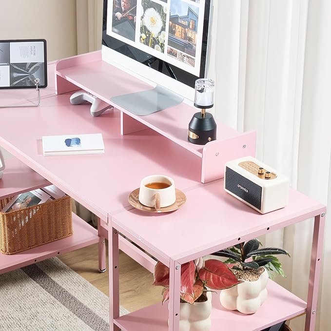 MINOSYS Computer Desk 55-inch with Storage Shelf - Pink Ideal Gaming Desk for Bedrooms, Small Spaces, and Home Offices Modern Writing Desk for PCs.