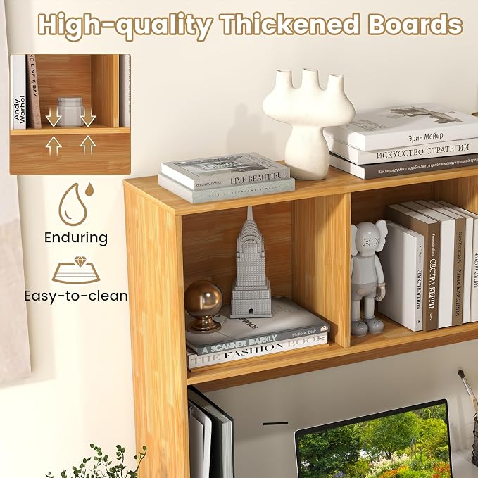 LDAILY Desktop Bookshelf, 2-Tier Office Desk Shelf Organizer with 4 Shelves, 37’’L Wood Storage Rack Display Shelf for Computer Desk, Office, Dorm, Bedroom (Burlywood)
