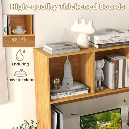 LDAILY Desktop Bookshelf, 2-Tier Office Desk Shelf Organizer with 4 Shelves, 37’’L Wood Storage Rack Display Shelf for Computer Desk, Office, Dorm, Bedroom (Burlywood)