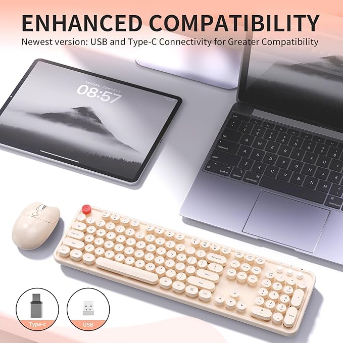 Wireless Keyboard and Mouse, MOFII 104 Round Keycaps Retro Typewriter with OTG & Brush, Full-Size Ergonomic, Ideal for Windows PC, Home, Office and College Brown