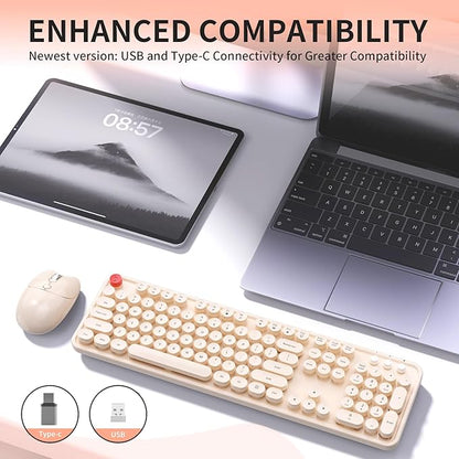 Wireless Keyboard and Mouse, MOFII 104 Round Keycaps Retro Typewriter with OTG & Brush, Full-Size Ergonomic, Ideal for Windows PC, Home, Office and College Brown