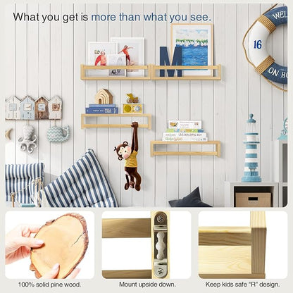 Forbena Natural Wood Nursery Book Shelves Wall Mounted, Floating Bookshelf for Kids Room, Baby Toys and Books Storage Organizer Bookshelves for Toddler Child Bedroom Bathroom (4 Pack Light Wood)