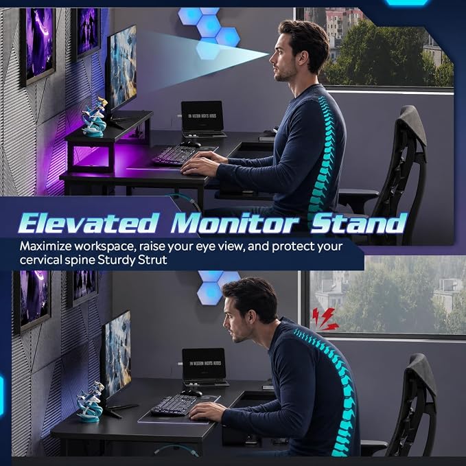 DEVAISE Compact 43" L Shaped Gaming Desk with LED Lights and Power Outlets - Corner Computer Table with Monitor Stand and Storage Shelves for Work and Gaming, Black